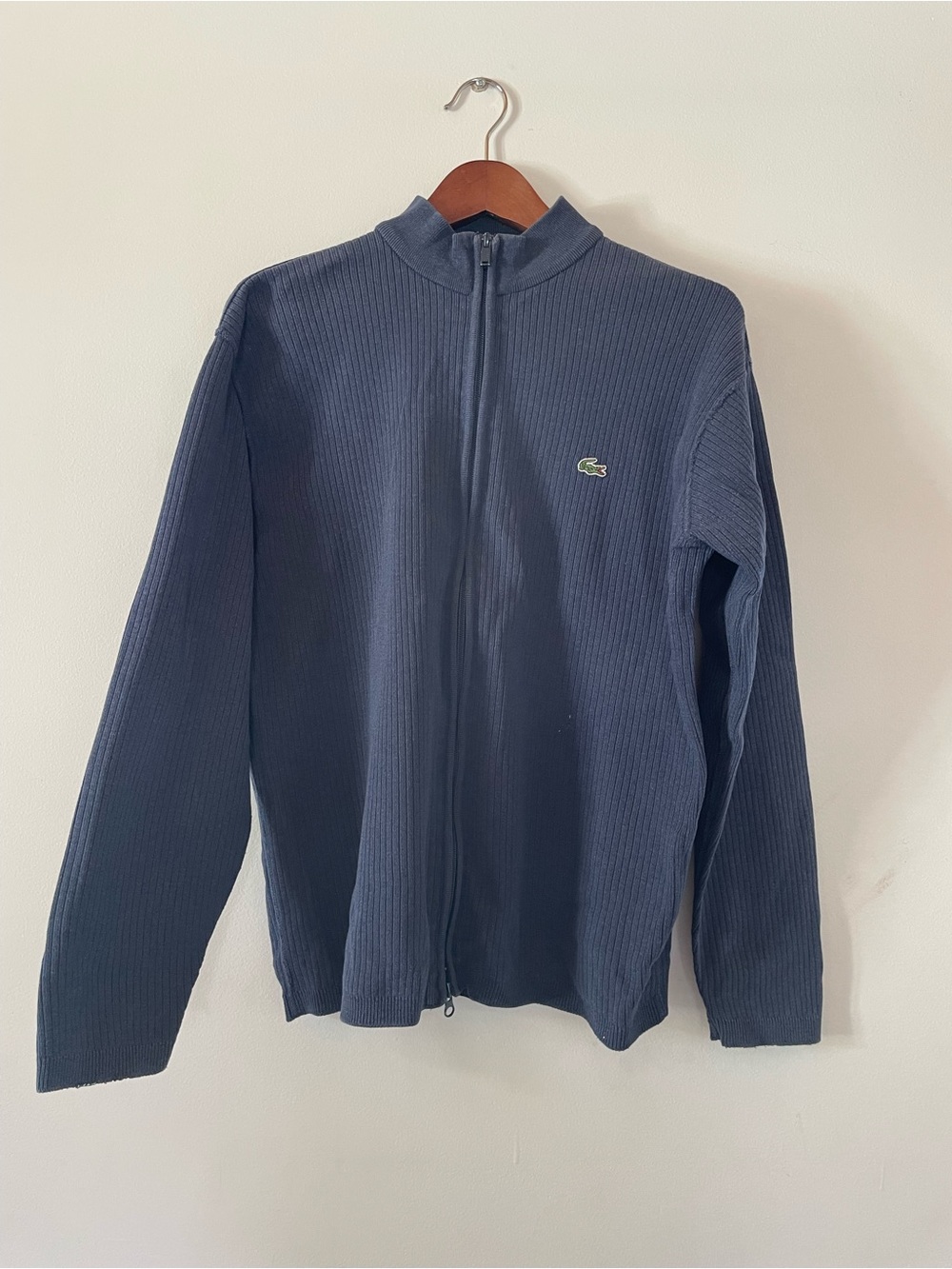 Lacoste Men's Navy Full-Zip Ribbed Sweater - Vintage